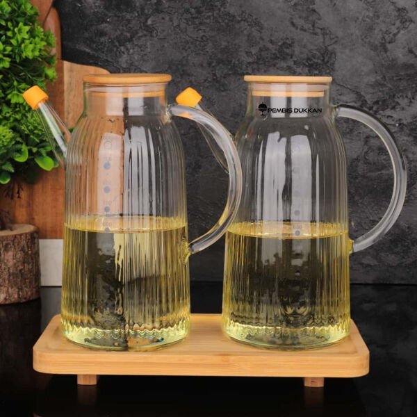 Bambu Altlıklı, 2li İnce Çizgili Bambu Yağdanlık Set (Gla04 + 8b31)