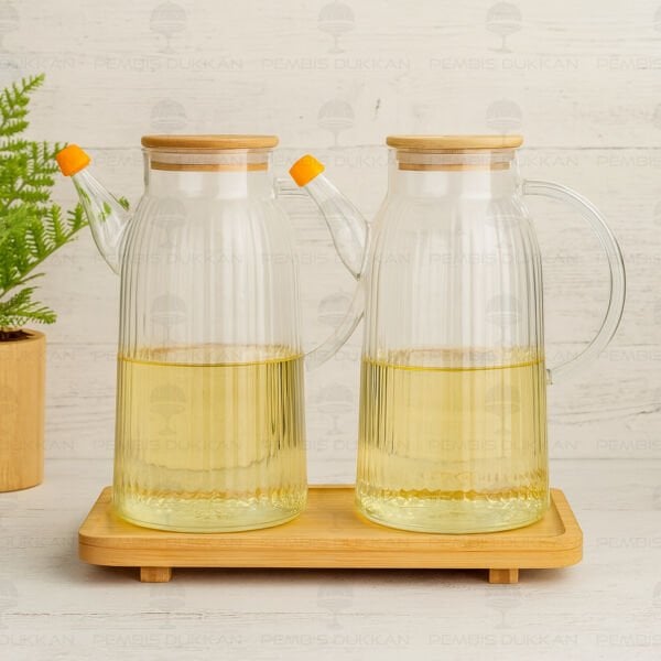 Bambu Altlıklı, 2li İnce Çizgili Bambu Yağdanlık Set (Gla04 + 8b31)