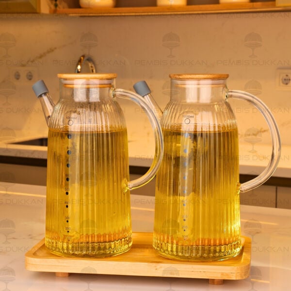 Bambu Altlıklı, 2li İnce Çizgili Bambu Yağdanlık Set (Gla04 + 8b31)