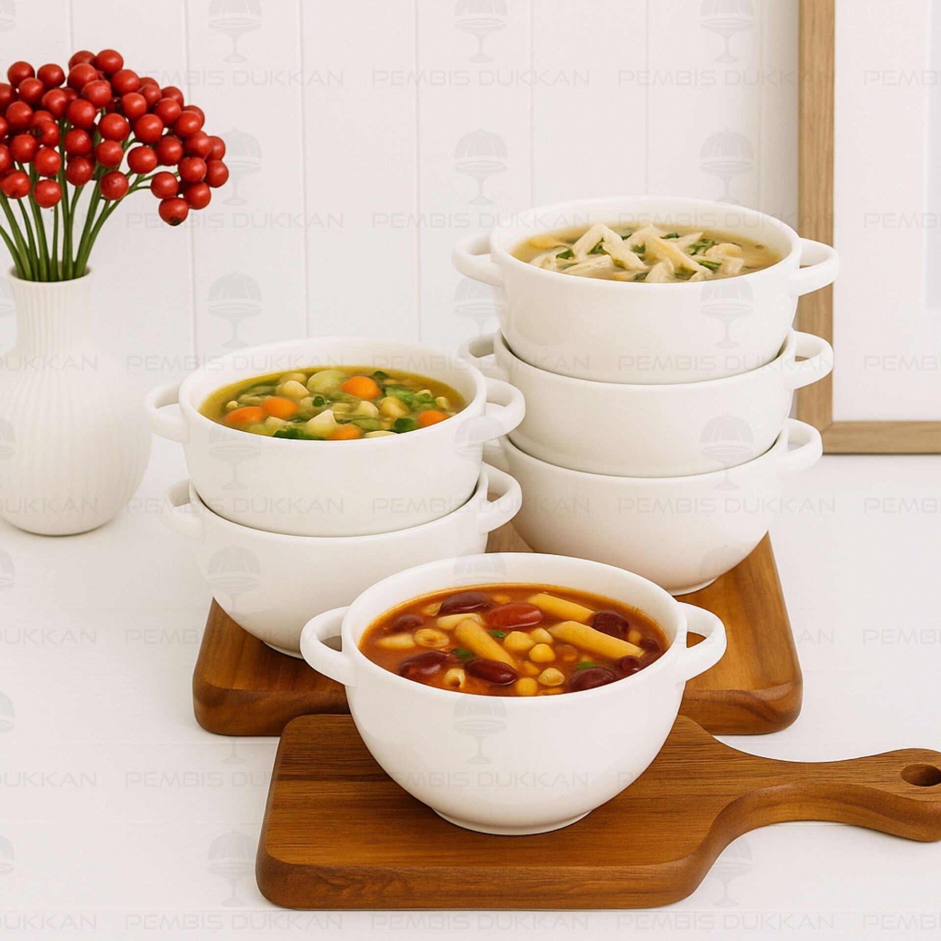 6 ADET KULPLU 11.8CM PORSELEN ÇORBA & SALATA KASE (19-408)