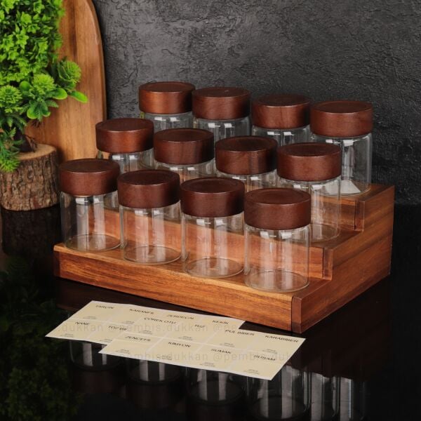 AKASYA STANDLI 12Lİ  200 ML AKASYA KAPAKLI BAHARATLIK KOMBİN NO 1