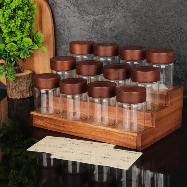 AKASYA STANDLI 12Lİ  200 ML AKASYA KAPAKLI BAHARATLIK KOMBİN NO 1