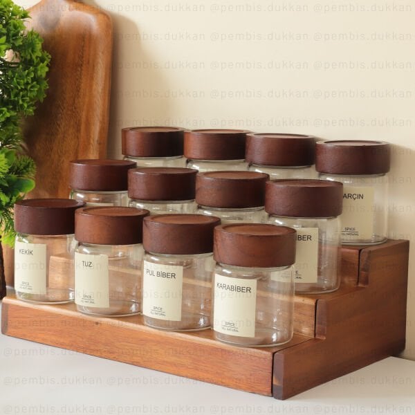 AKASYA STANDLI 12Lİ  200 ML AKASYA KAPAKLI BAHARATLIK KOMBİN NO 1