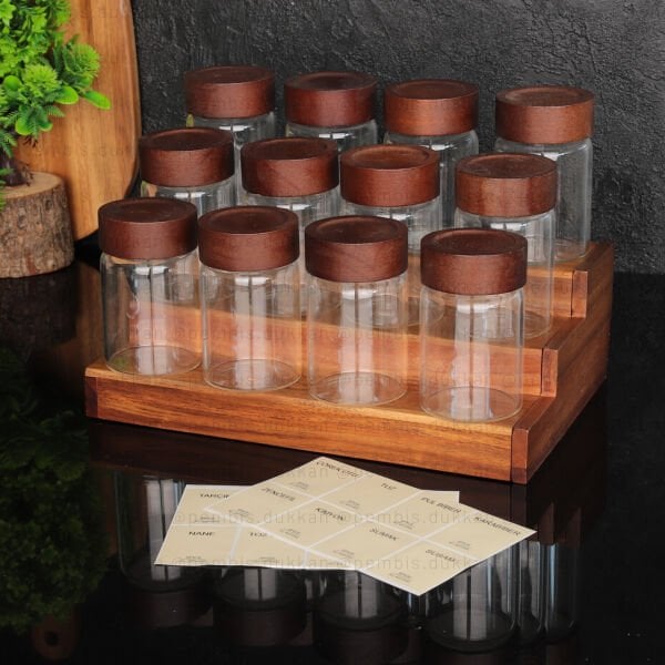 AKASYA STANDLI 12Lİ  240 ML AKASYA KAPAKLI BAHARATLIK KOMBİN NO 2