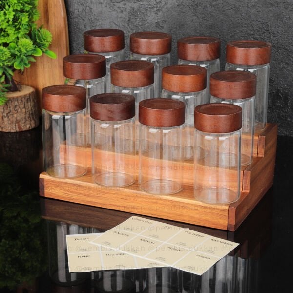 AKASYA STANDLI 12Lİ  300 ML AKASYA KAPAKLI BAHARATLIK KOMBİN NO 3