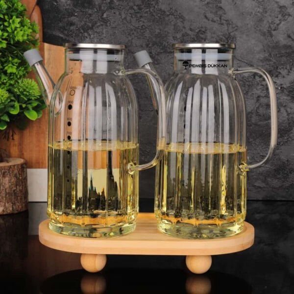Bambu Altlıklı, 2li Kalın Çizgili Metal Yağdanlık Set (Gla01 + 1094)