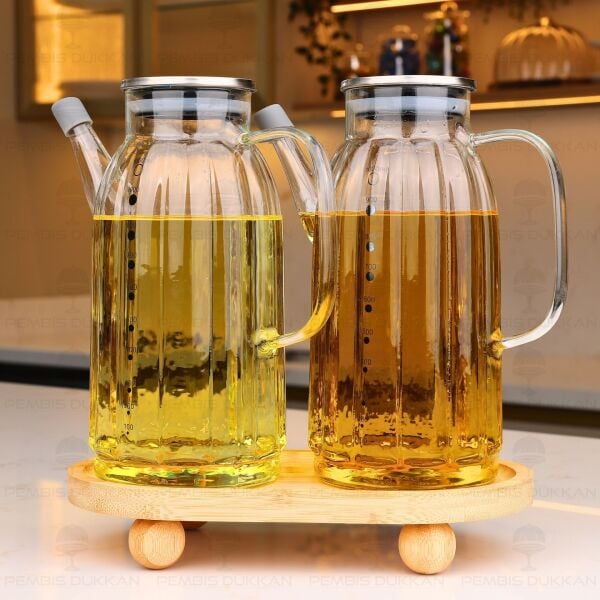 Bambu Altlıklı, 2li Kalın Çizgili Metal Yağdanlık Set (Gla01 + 1094)