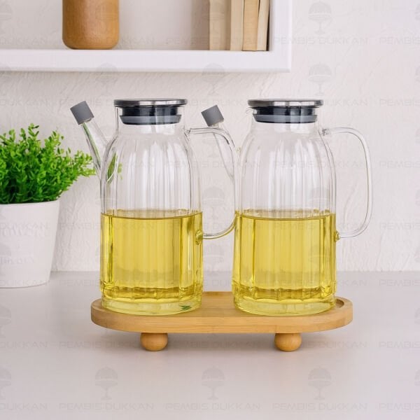 BAMBU ALTLIKLI, 2Lİ KALIN ÇİZGİLİ METAL YAĞDANLIK SET (GLA01 + 1094)