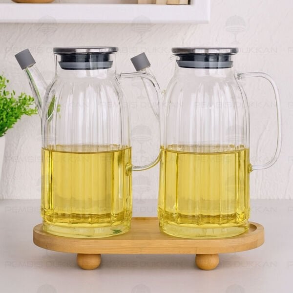 Bambu Altlıklı, 2li Kalın Çizgili Metal Yağdanlık Set (Gla01 + 1094)