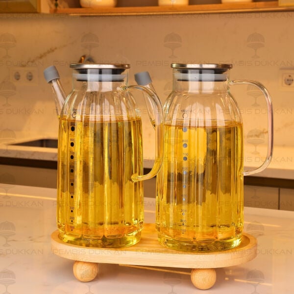Bambu Altlıklı, 2li Kalın Çizgili Metal Yağdanlık Set (Gla01 + 1094)