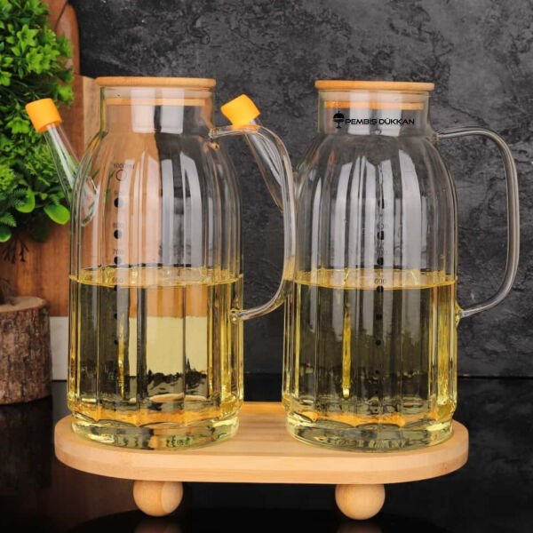 Bambu Altlıklı, 2li Kalın Çizgili Bambu Yağdanlık Set (Gla02 + 1094)
