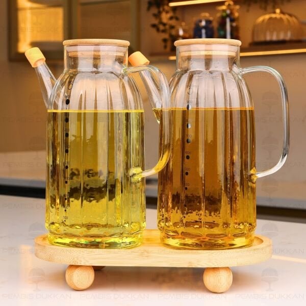 Bambu Altlıklı, 2li Kalın Çizgili Bambu Yağdanlık Set (Gla02 + 1094)