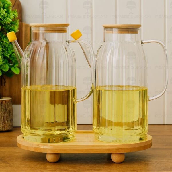 Bambu Altlıklı, 2li Kalın Çizgili Bambu Yağdanlık Set (Gla02 + 1094)