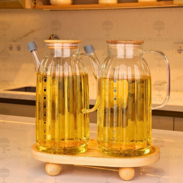 Bambu Altlıklı, 2li Kalın Çizgili Bambu Yağdanlık Set (Gla02 + 1094)