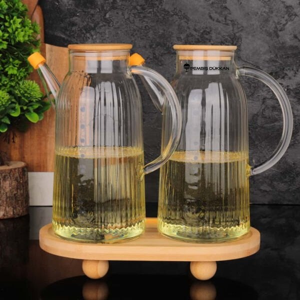 Bambu Altlıklı, 2li İnce Çizgili Bambu Yağdanlık Set (Gla04 + 1094)