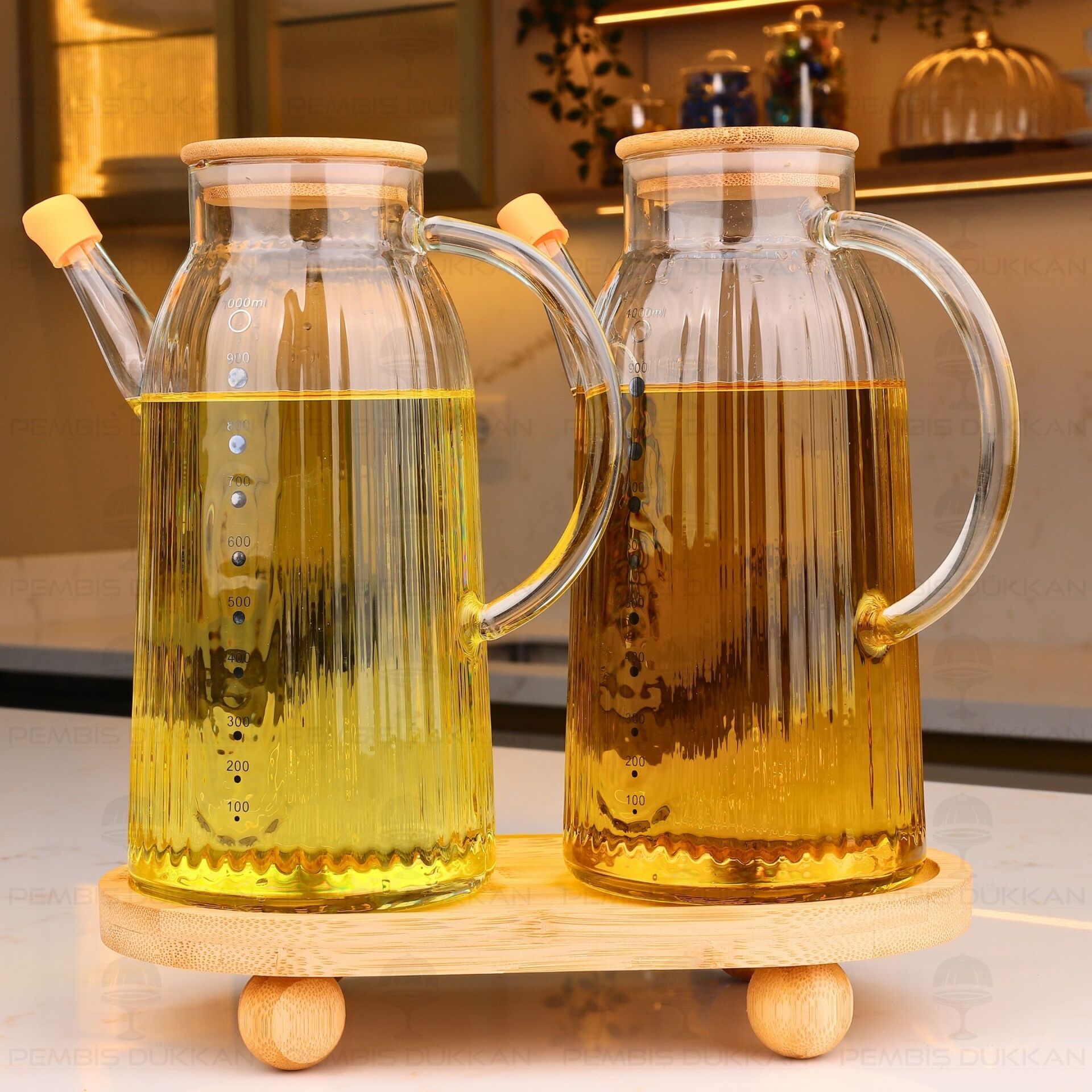 Bambu Altlıklı, 2li İnce Çizgili Bambu Yağdanlık Set (Gla04 + 1094)