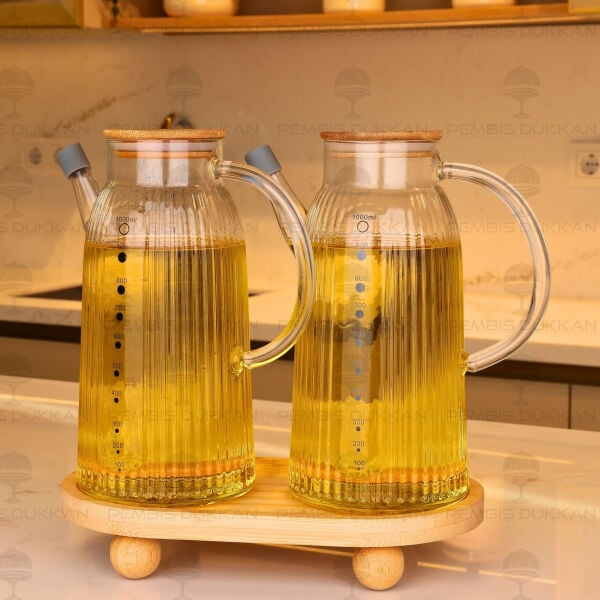 Bambu Altlıklı, 2li İnce Çizgili Bambu Yağdanlık Set (Gla04 + 1094)