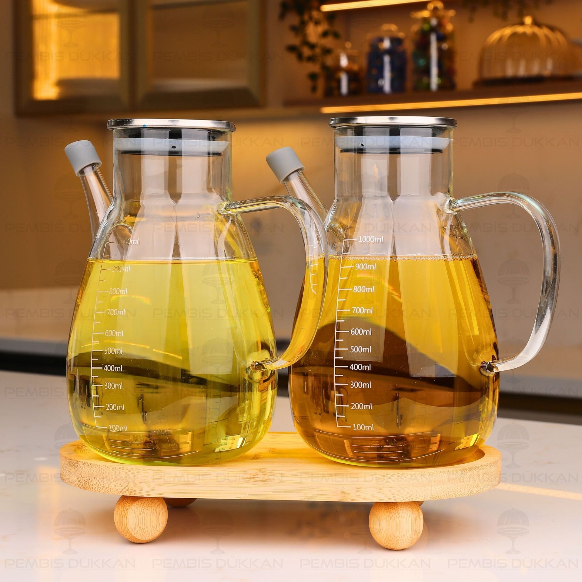 Bambu Altlıklı, 2li Tess Metal Yağdanlık Set (Gla016 + 1094)
