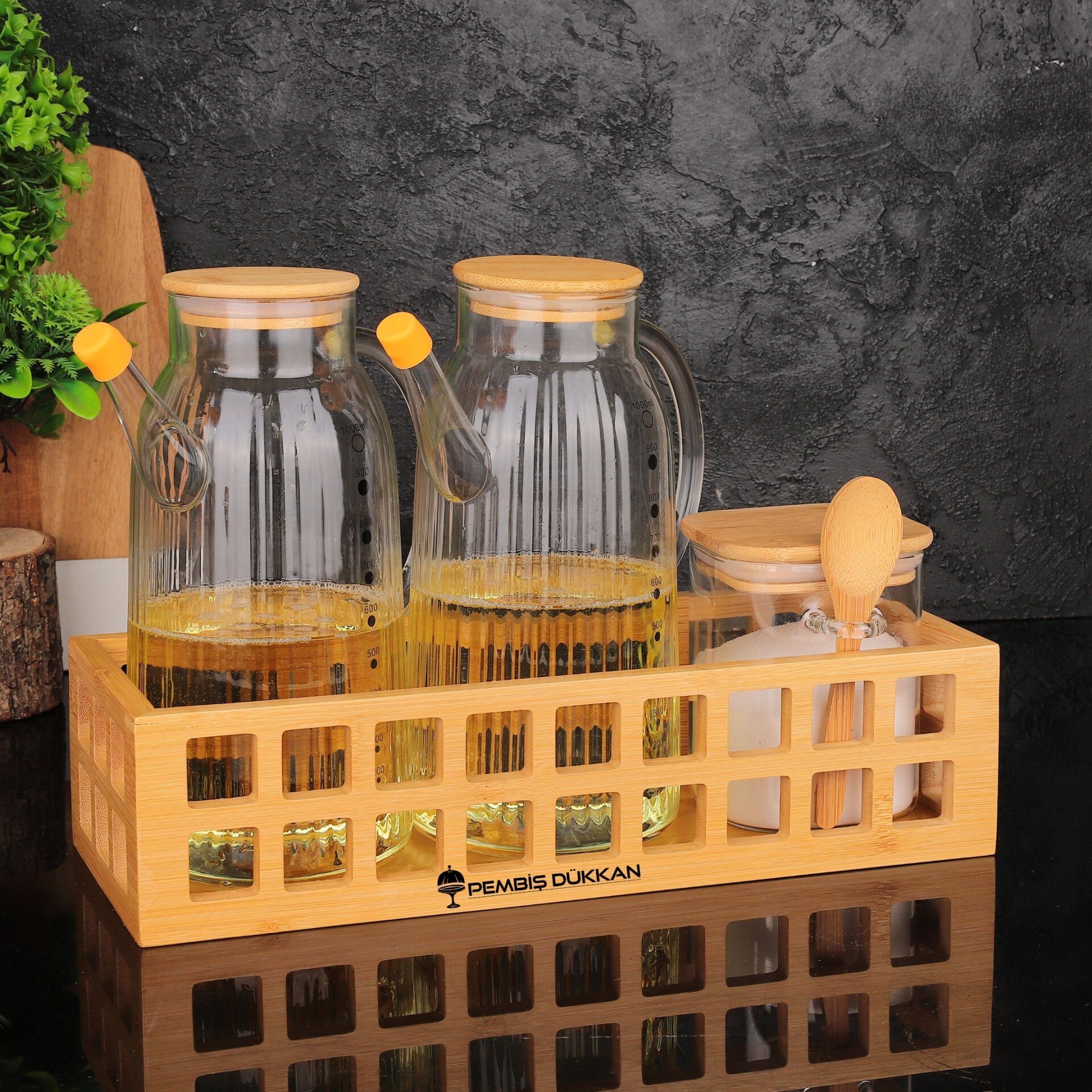 BAMBU DİKDÖRTGEN KASA BAHARATLIK & YAĞDANLIK KOMBİN SET NO 3