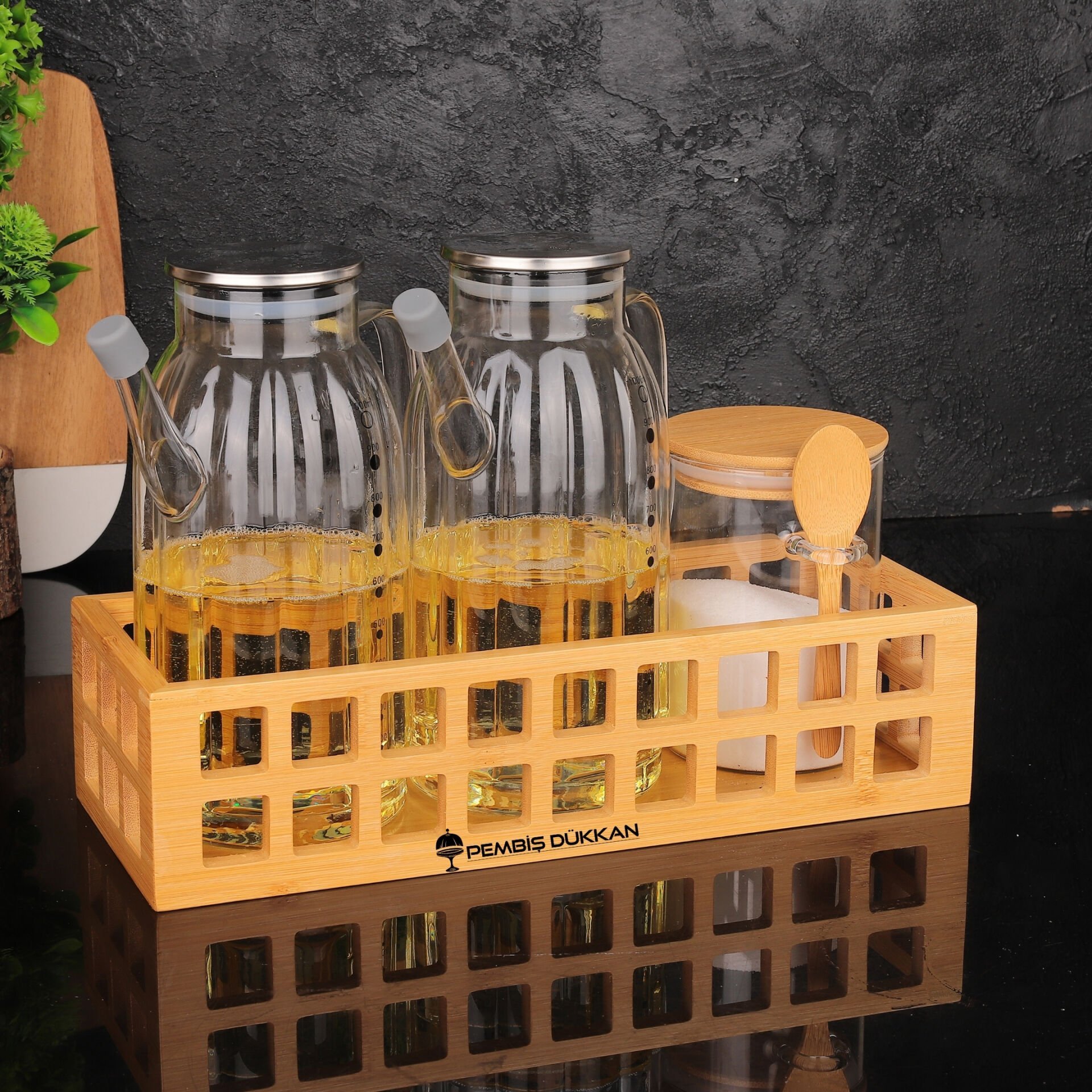 BAMBU DİKDÖRTGEN KASA BAHARATLIK & YAĞDANLIK KOMBİN SET NO 4