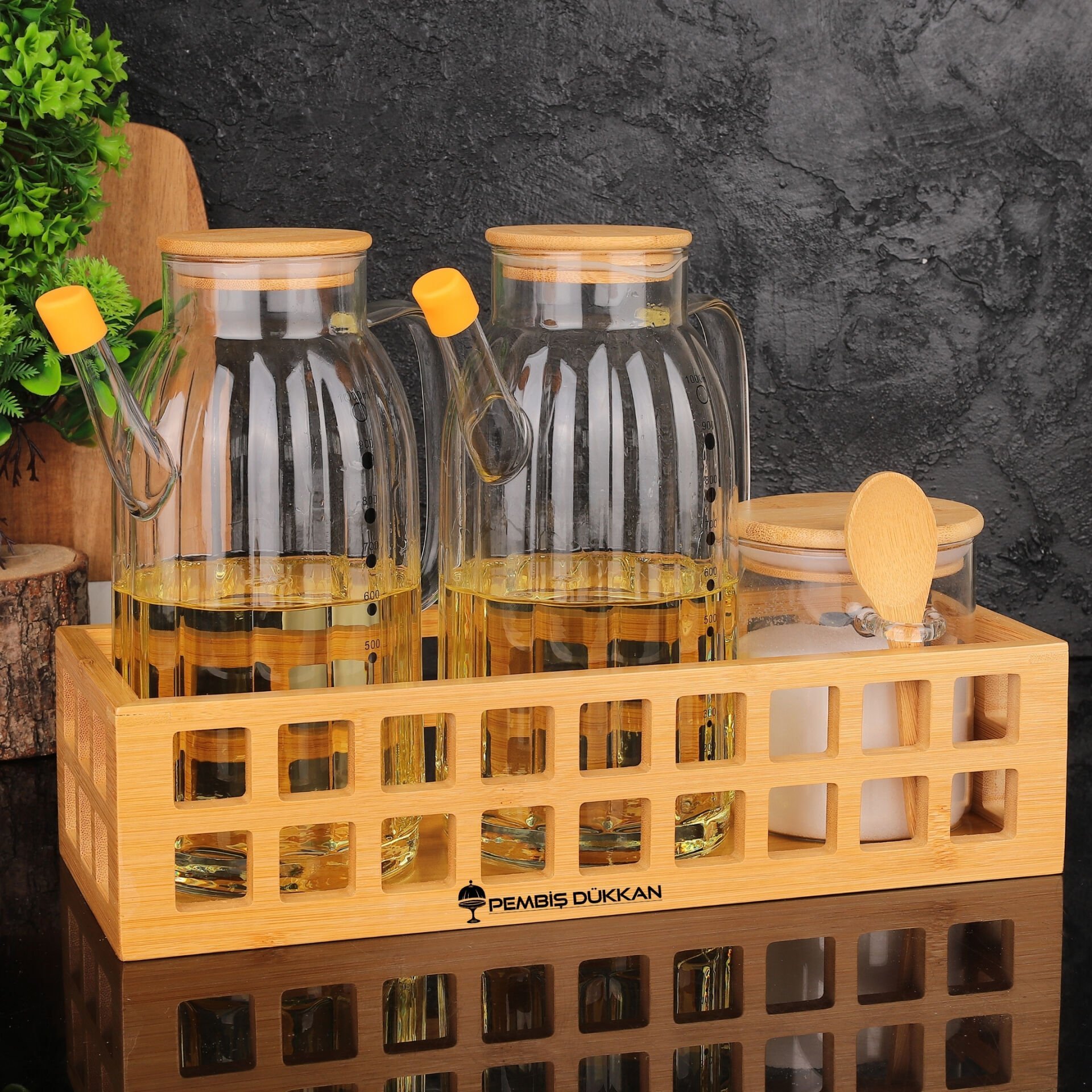 BAMBU DİKDÖRTGEN KASA BAHARATLIK & YAĞDANLIK KOMBİN SET NO 5