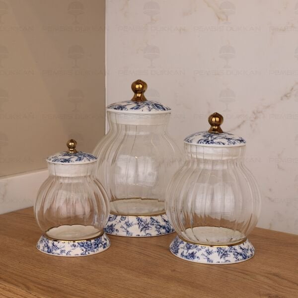BLUE LİFE 3LÜ ÇİZGİLİ CAM KAVANOZ SET