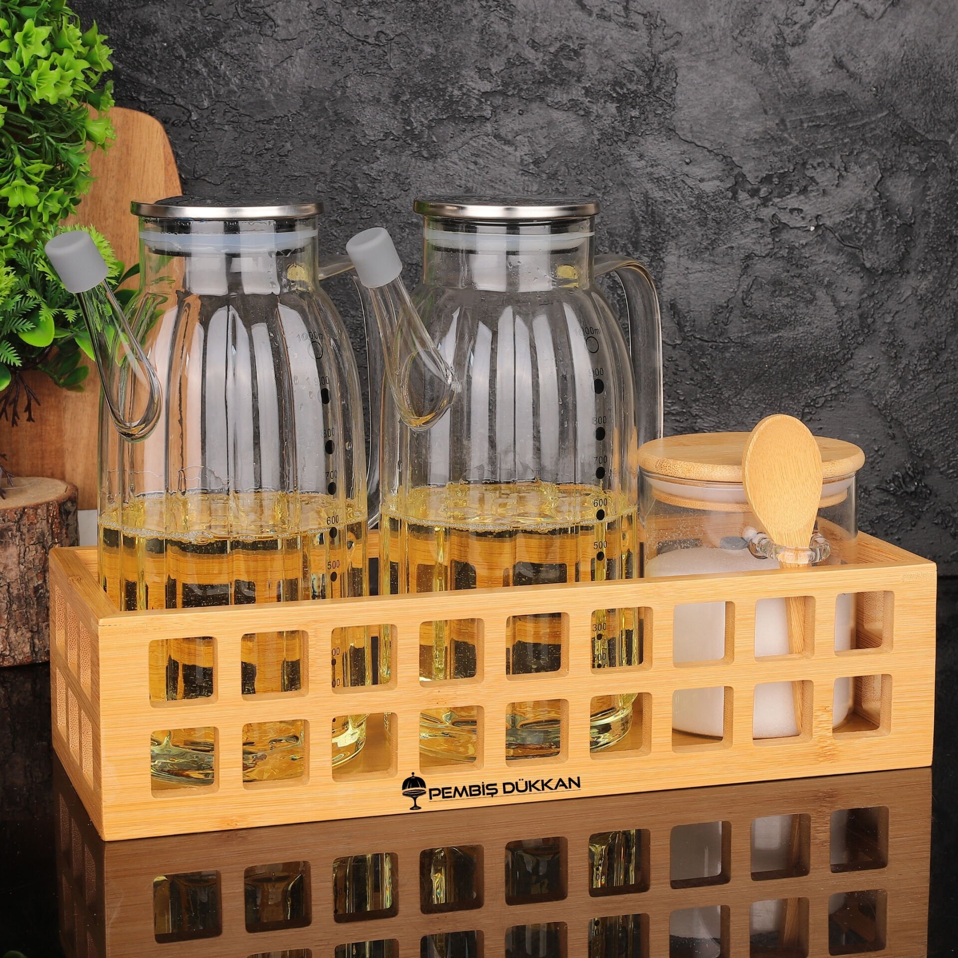 BAMBU DİKDÖRTGEN KASA BAHARATLIK & YAĞDANLIK KOMBİN SET NO 6