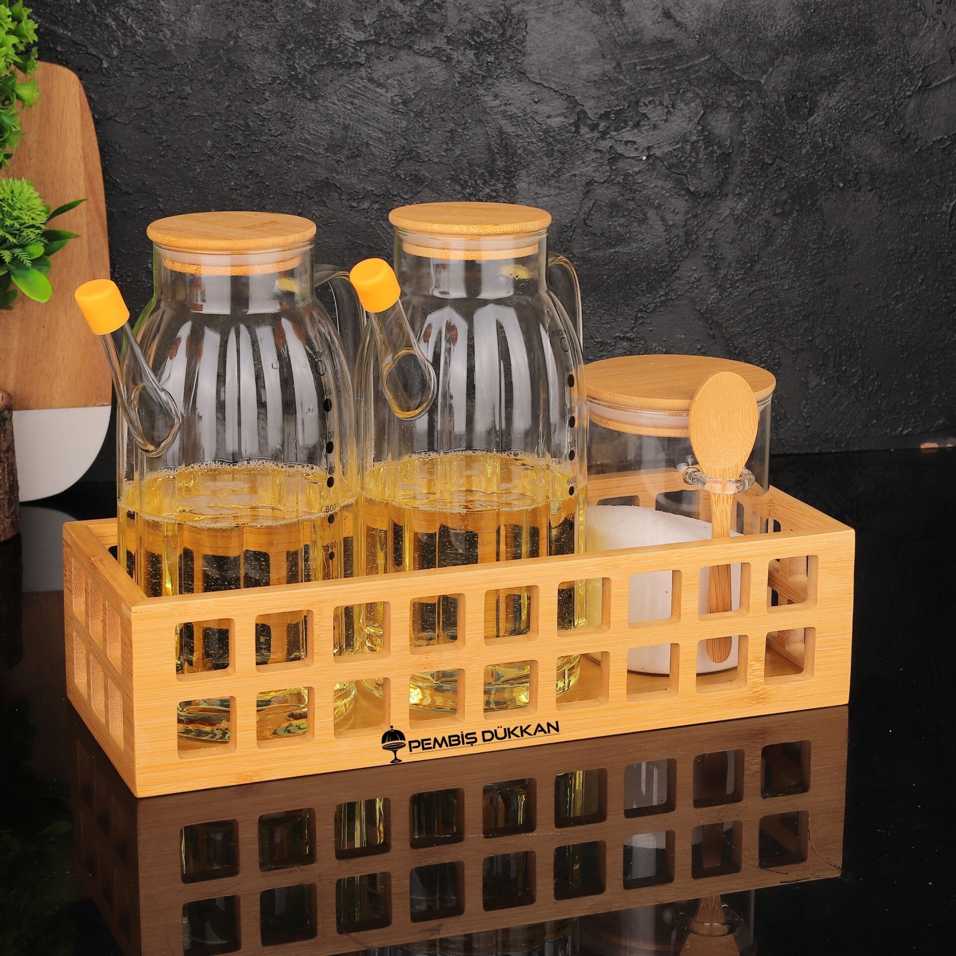 BAMBU DİKDÖRTGEN KASA BAHARATLIK & YAĞDANLIK KOMBİN SET NO 7