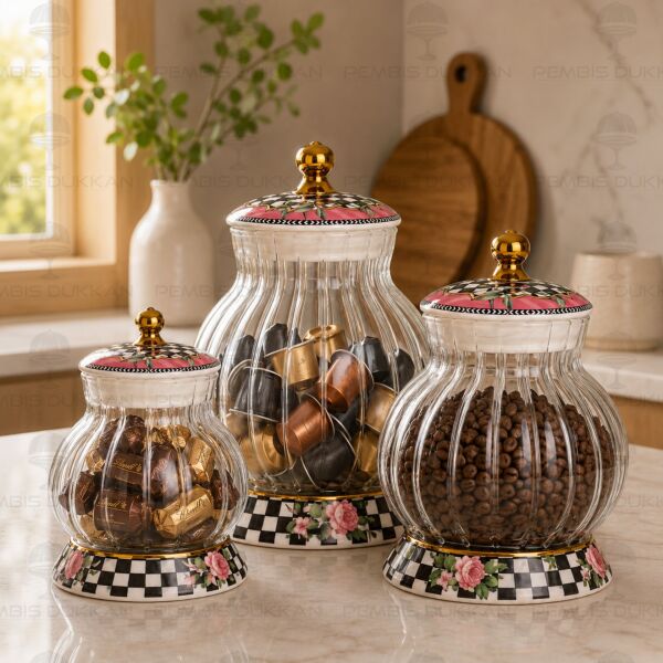 PARADİSE 3LÜ ÇİZGİLİ CAM KAVANOZ SET