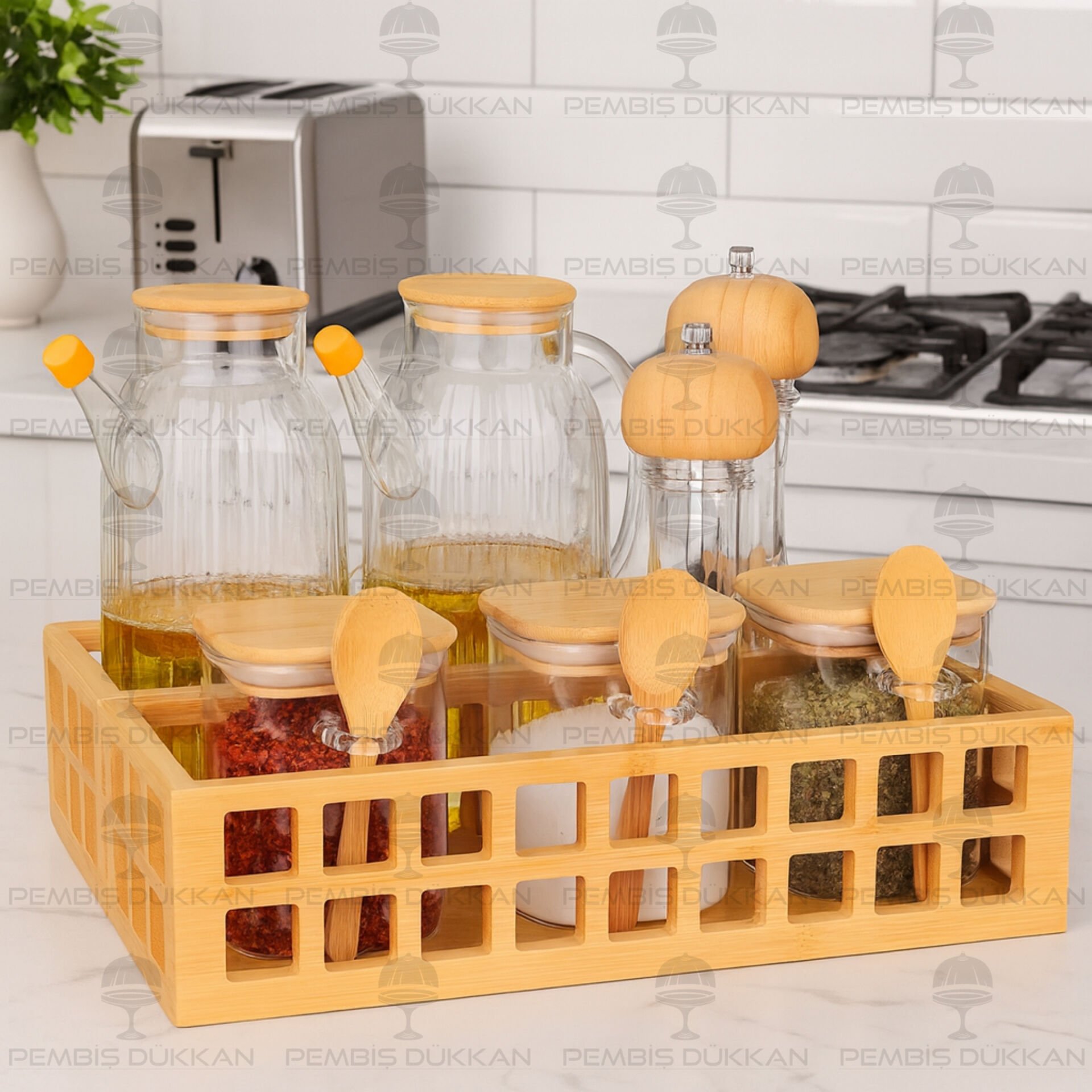 BAMBU DİKDÖRTGEN KASA BAHARATLIK & YAĞDANLIK KOMBİN SET NO 10