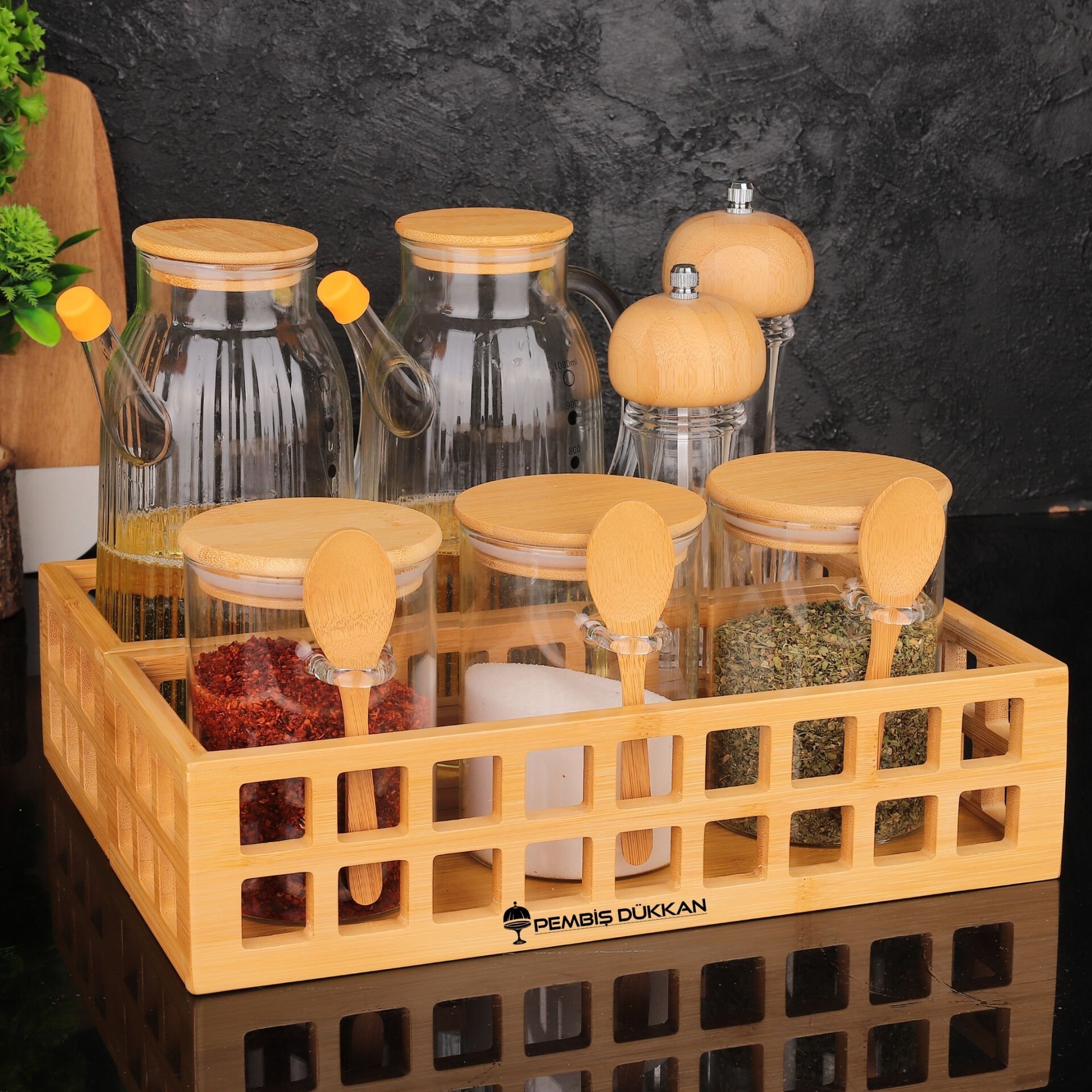 BAMBU DİKDÖRTGEN KASA BAHARATLIK & YAĞDANLIK KOMBİN SET NO 11