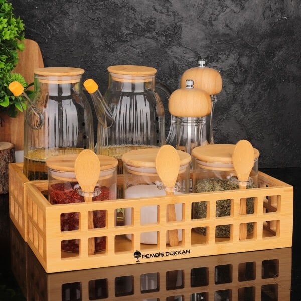 BAMBU DİKDÖRTGEN KASA BAHARATLIK & YAĞDANLIK KOMBİN SET NO 12