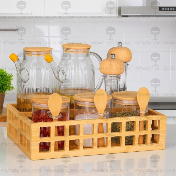 BAMBU DİKDÖRTGEN KASA BAHARATLIK & YAĞDANLIK KOMBİN SET NO 12