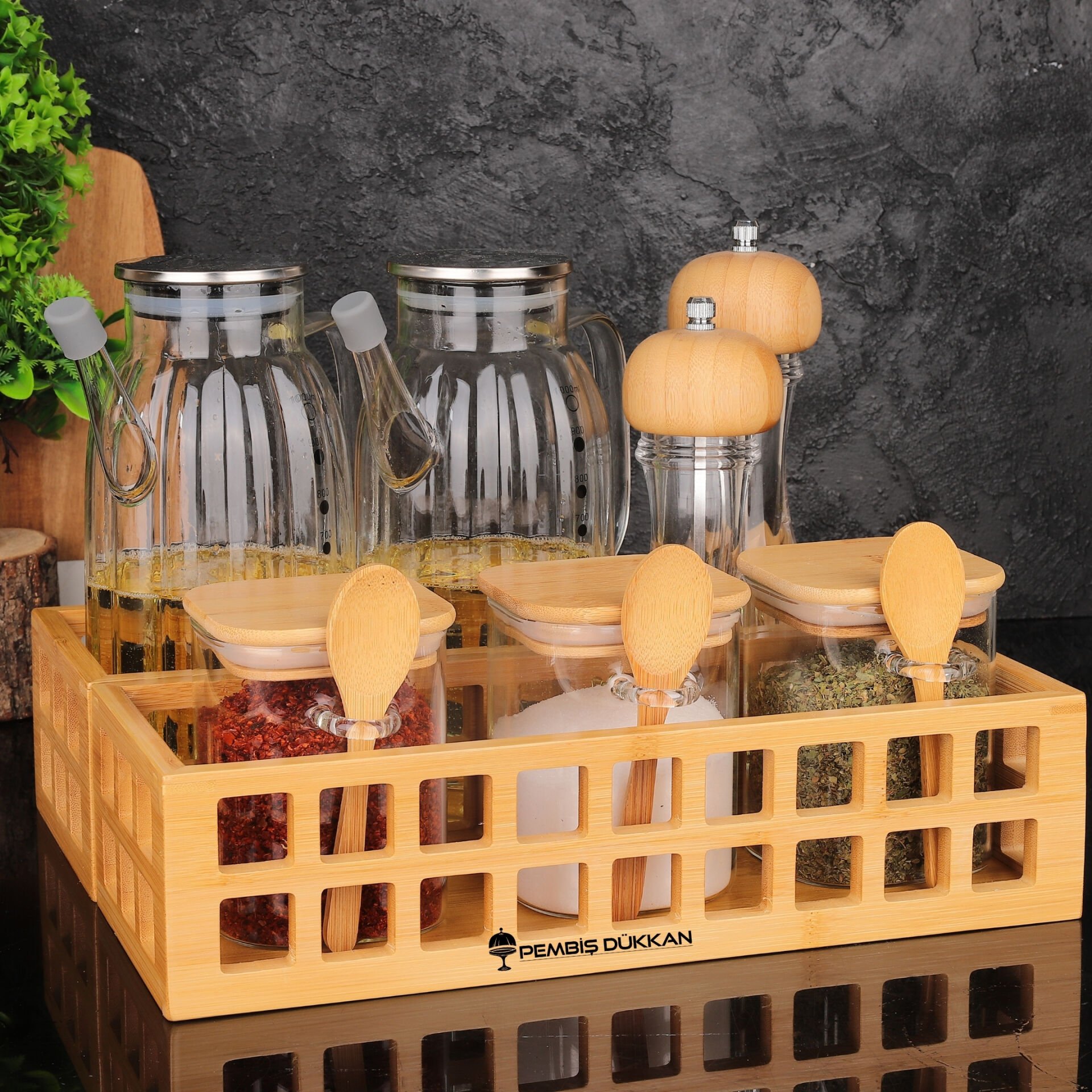 BAMBU DİKDÖRTGEN KASA BAHARATLIK & YAĞDANLIK KOMBİN SET NO 13