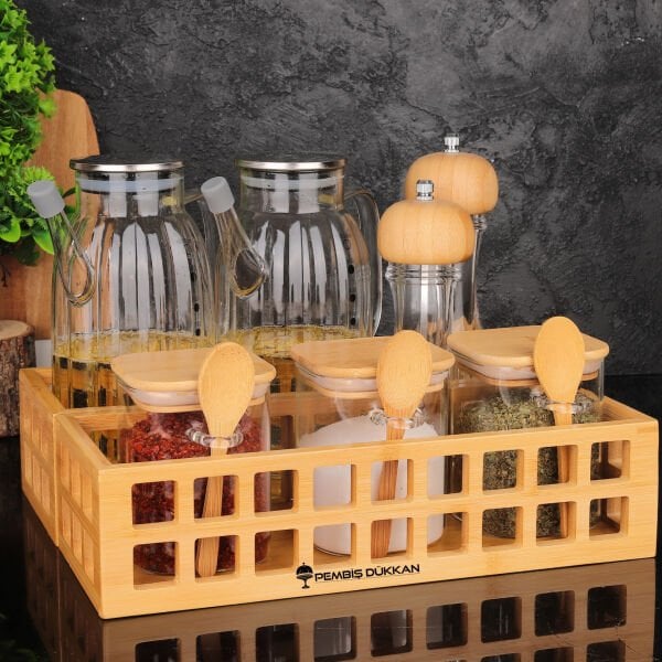BAMBU DİKDÖRTGEN KASA BAHARATLIK & YAĞDANLIK KOMBİN SET NO 13