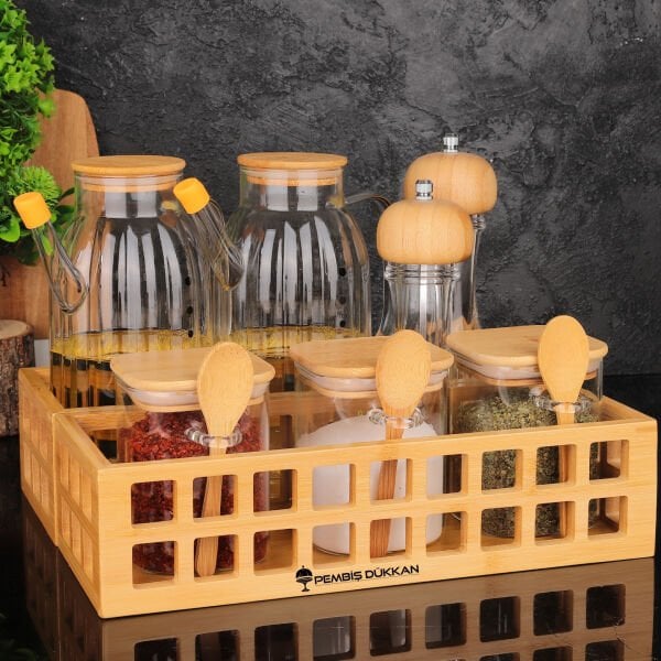 BAMBU DİKDÖRTGEN KASA BAHARATLIK & YAĞDANLIK KOMBİN SET NO 14