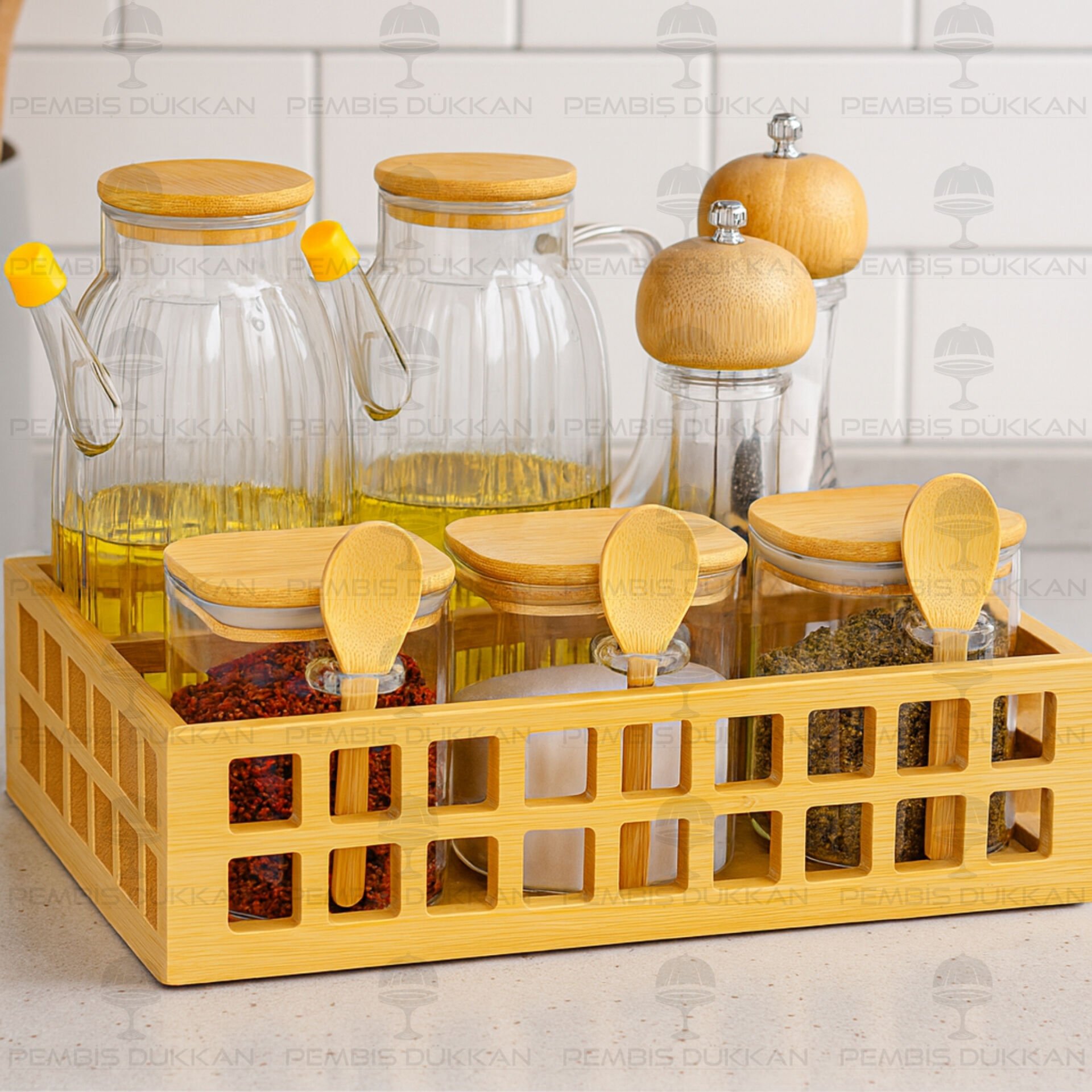 BAMBU DİKDÖRTGEN KASA BAHARATLIK & YAĞDANLIK KOMBİN SET NO 14