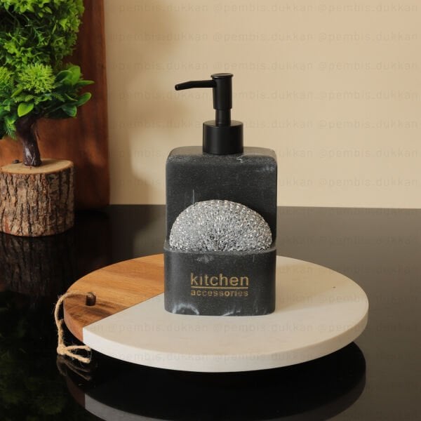 SİYAH MERMER DESENLİ, SÜNGERLİK HAZNELİ POLYRESİN SIVI SABUNLUK (56815) SİYAH BAŞLIKLI