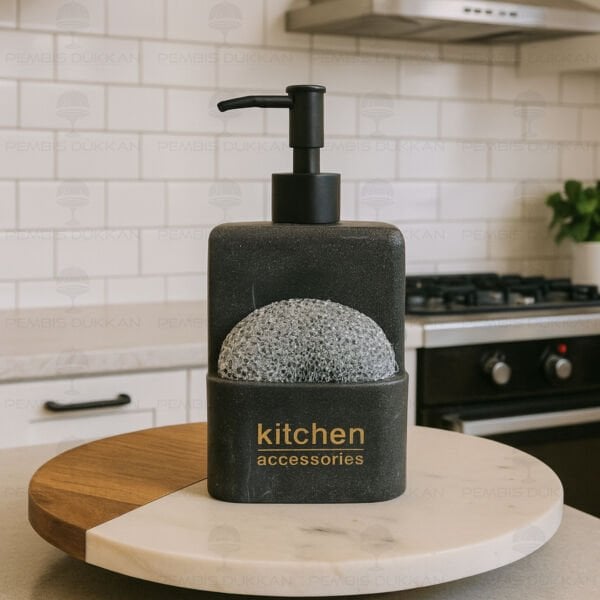 SİYAH MERMER DESENLİ, SÜNGERLİK HAZNELİ POLYRESİN SIVI SABUNLUK (56815) SİYAH BAŞLIKLI