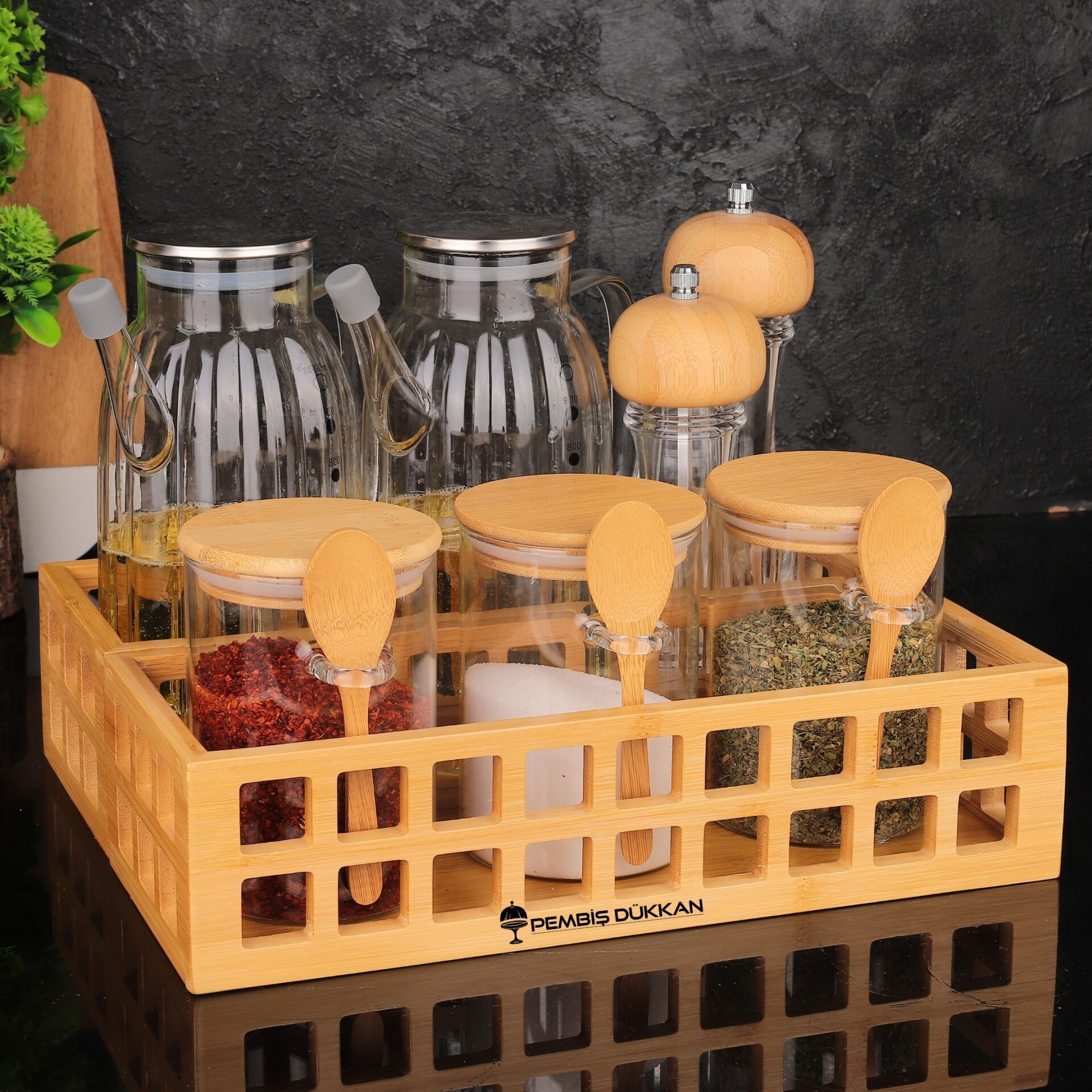 BAMBU DİKDÖRTGEN KASA BAHARATLIK & YAĞDANLIK KOMBİN SET NO 15