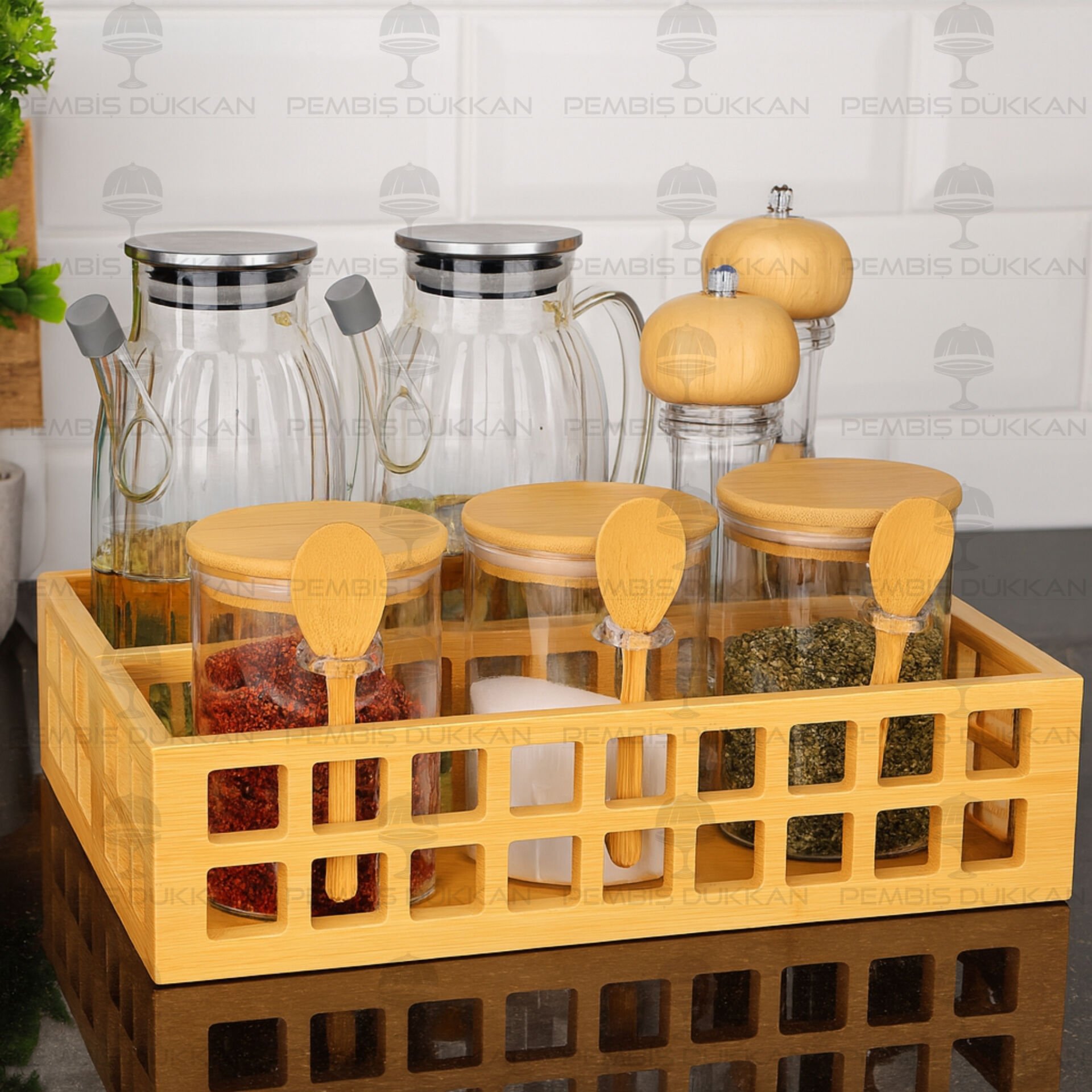 BAMBU DİKDÖRTGEN KASA BAHARATLIK & YAĞDANLIK KOMBİN SET NO 15