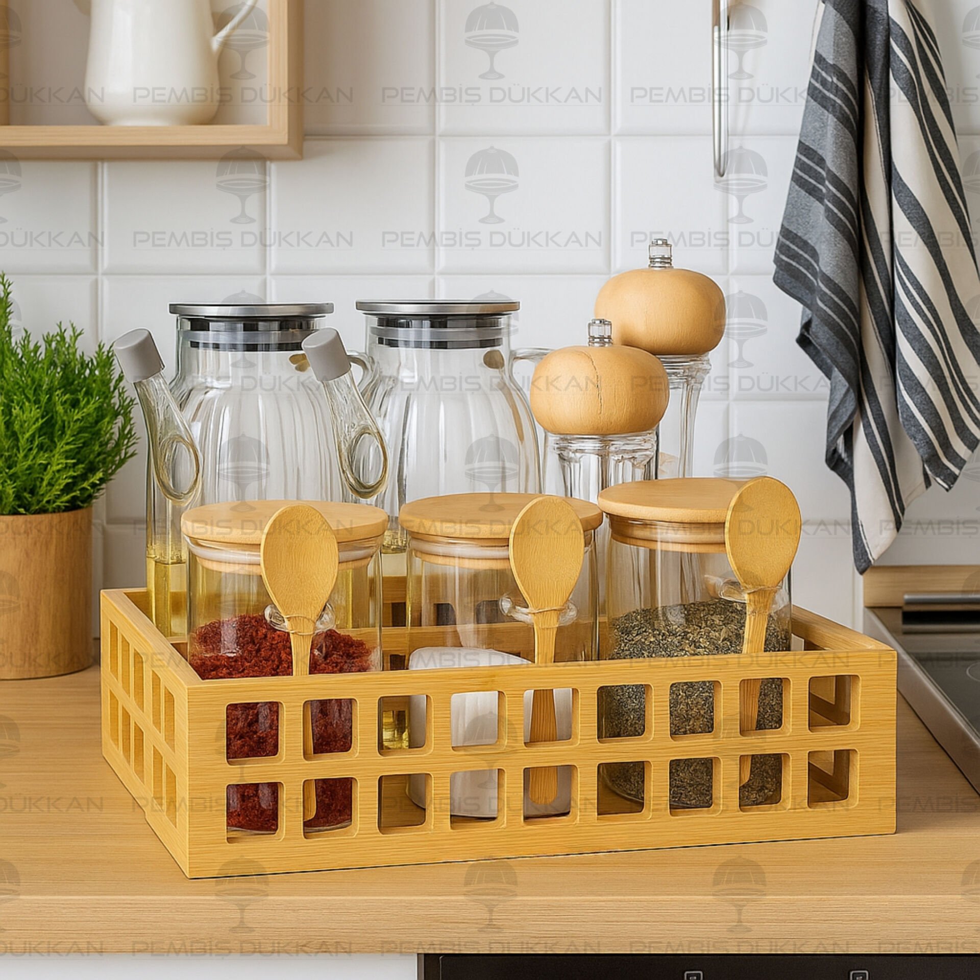 BAMBU DİKDÖRTGEN KASA BAHARATLIK & YAĞDANLIK KOMBİN SET NO 15