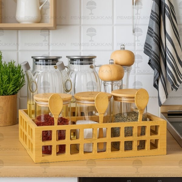 BAMBU DİKDÖRTGEN KASA BAHARATLIK & YAĞDANLIK KOMBİN SET NO 15