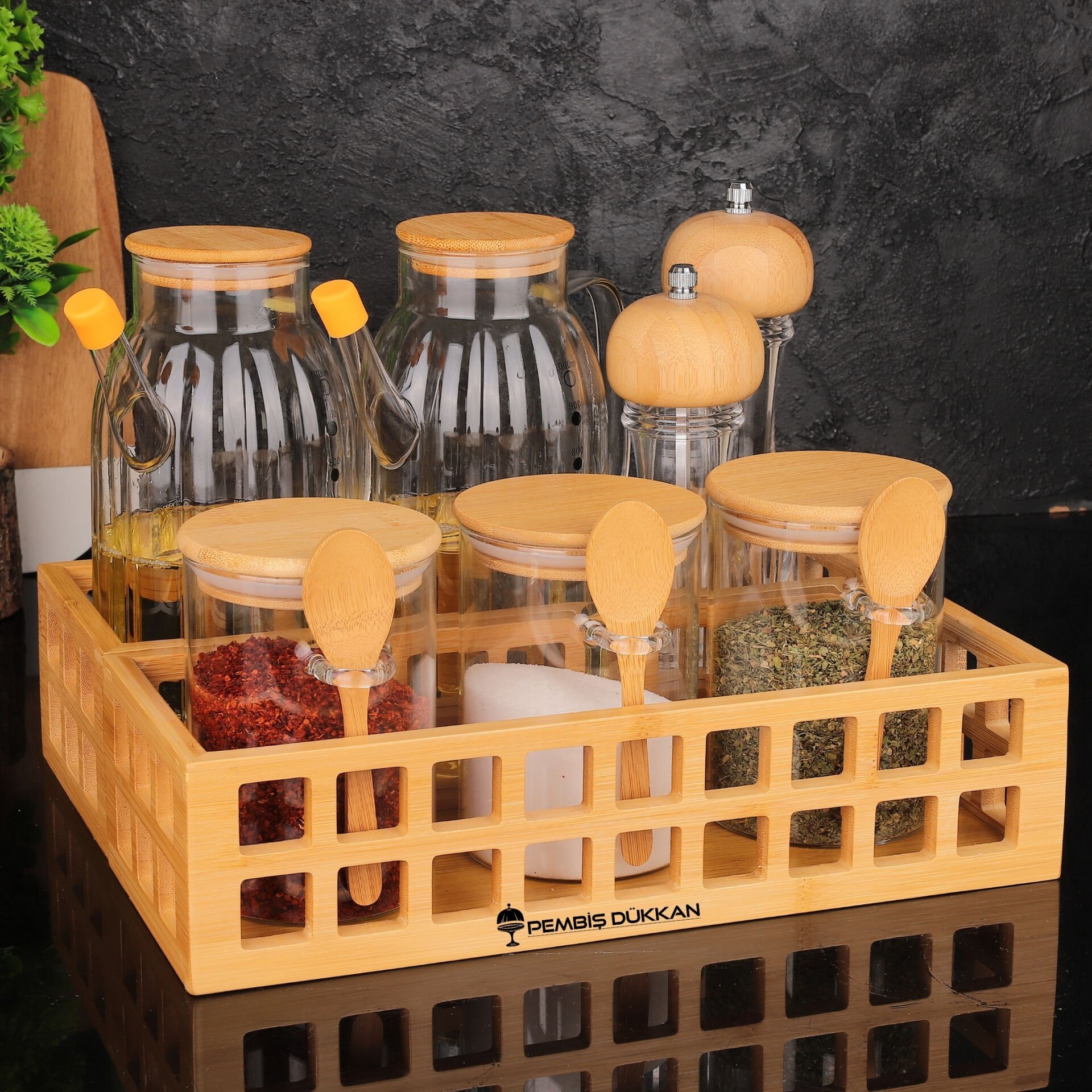 BAMBU DİKDÖRTGEN KASA BAHARATLIK & YAĞDANLIK KOMBİN SET NO 16