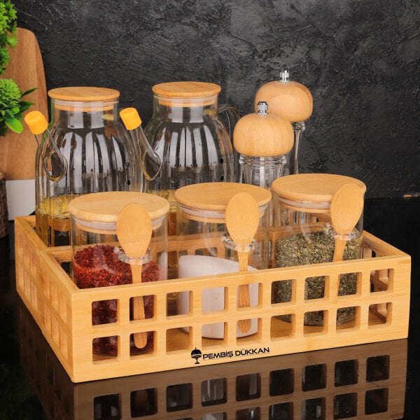 BAMBU DİKDÖRTGEN KASA BAHARATLIK & YAĞDANLIK KOMBİN SET NO 16