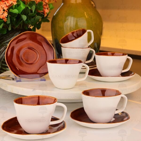BEYAZ KARAMEL 6 KİŞİLİK KAHVE FİNCAN TAKIMI