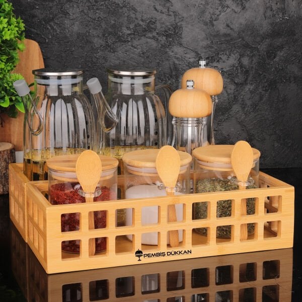 BAMBU DİKDÖRTGEN KASA BAHARATLIK & YAĞDANLIK KOMBİN SET NO 17