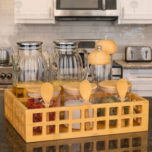 BAMBU DİKDÖRTGEN KASA BAHARATLIK & YAĞDANLIK KOMBİN SET NO 17