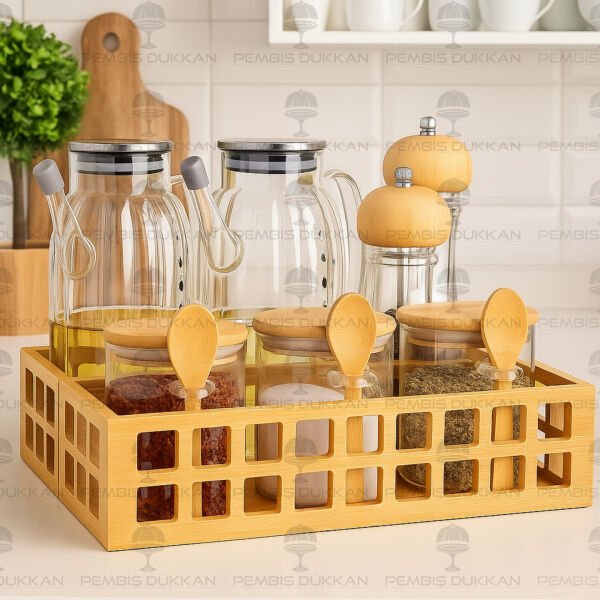 BAMBU DİKDÖRTGEN KASA BAHARATLIK & YAĞDANLIK KOMBİN SET NO 17