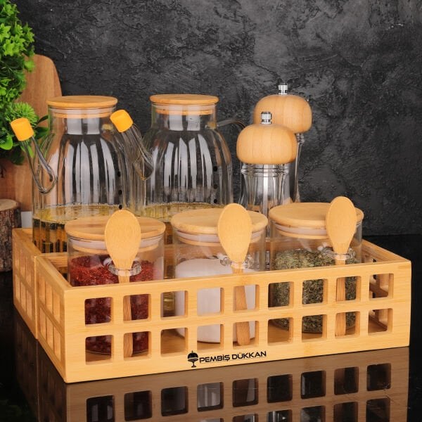 BAMBU DİKDÖRTGEN KASA BAHARATLIK & YAĞDANLIK KOMBİN SET NO 18